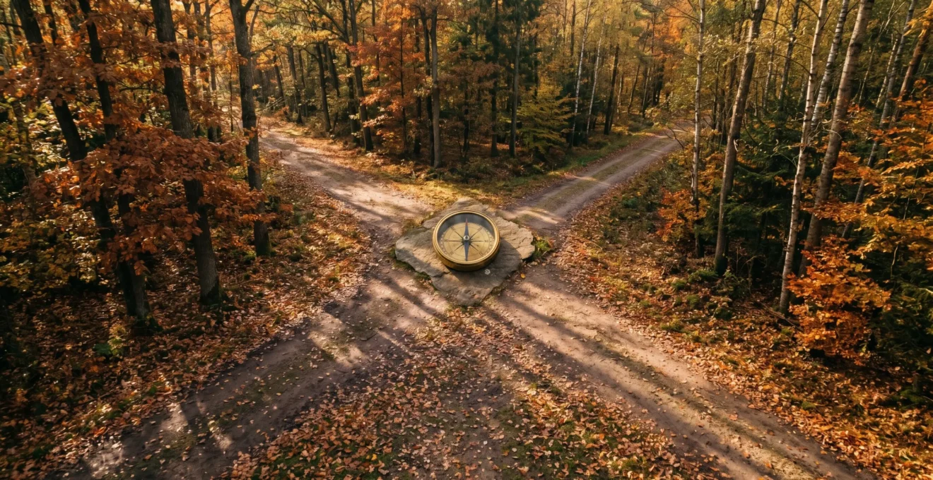 Vue aérienne d'une intersection de trois sentiers forestiers convergeant vers une boussole dorée posée sur une pierre, lumière automnale filtrant à travers les arbres